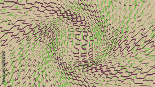 Abstract geometric pattern with distorted zigzag lines in green and purple
