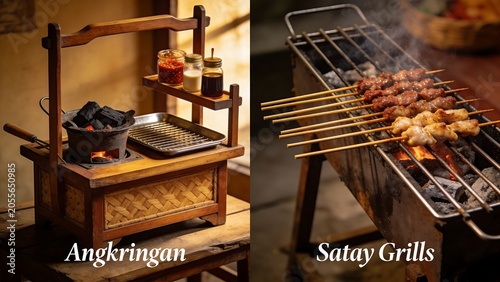 Traditional Indonesian Angkringan Food Stall and Satay Grilling Over Charcoal