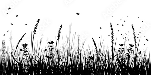 Foto Meadow Grass And Flying Insects Black Silhouette Against White Background