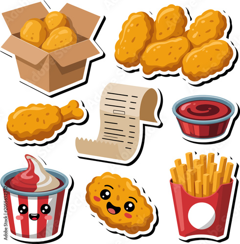 Local Flavor Chicken Nuggets Elements Sticker Sheet, Cute Fried Fast Food Snack Mascot Vector