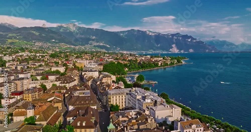Aerial view of Vevey city in western Switzerland on the shores of Lake Geneva