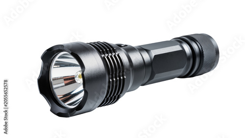 Εκτύπωση καμβά Black metal tactical flashlight with ribbed grip, isolated on transparent backgr