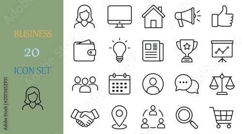 Business icon set containing 20 minimalist black outline vectors for corporate webpage.