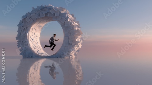 Businessman running inside a transparent hamster wheel made of office documents, symbolizing endless work cycles and corporate pressure.
