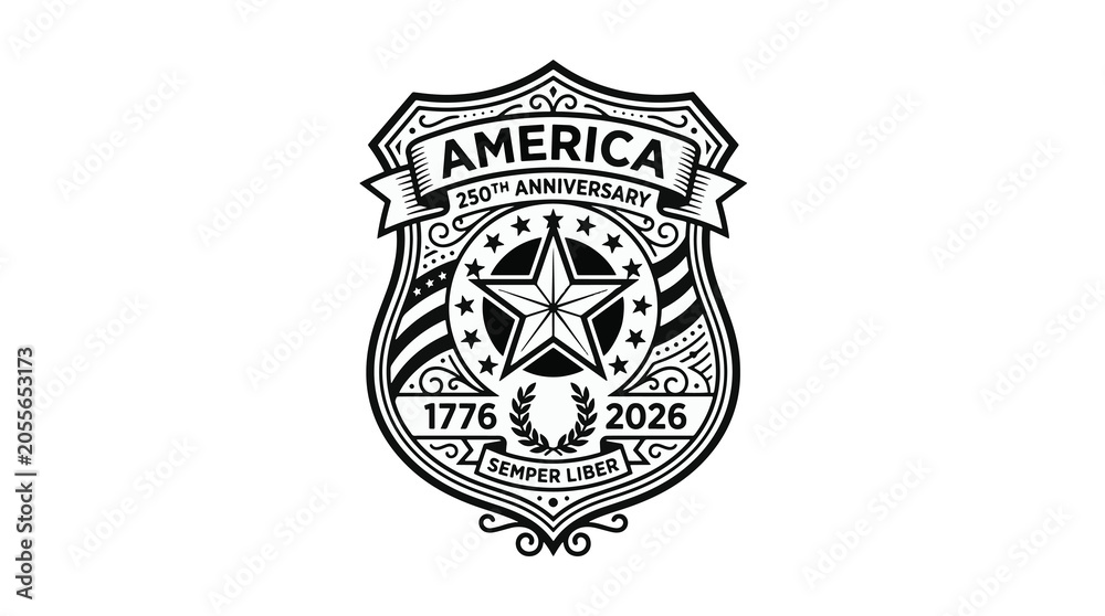 Obraz premium Commemorative America 250 Anniversary badge design featuring a star, laurel wreath, and patriotic motifs celebrating