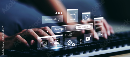 Photos Business woman using ai prompt based multimedia content creation interface with