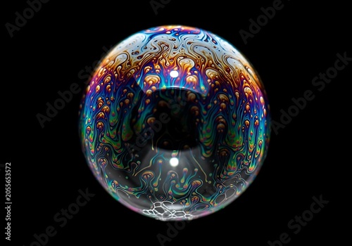 Iridescent Soap Bubble Reflecting Colors Against a Black Background