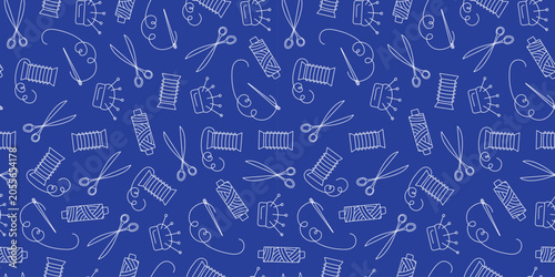 Sewing icons set. Seamless pattern. Handcrafted items, threads, and needles. Line drawings and doodles. Items and tools for sewing and handicrafts. Vector background, wallpaper, and decor.