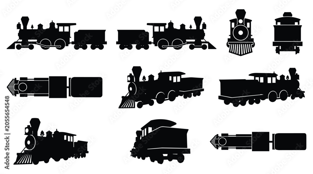 Obraz premium Vintage Steam Locomotive Silhouette Set — Classic Western Train Engine Railway Vector Icons Isolated