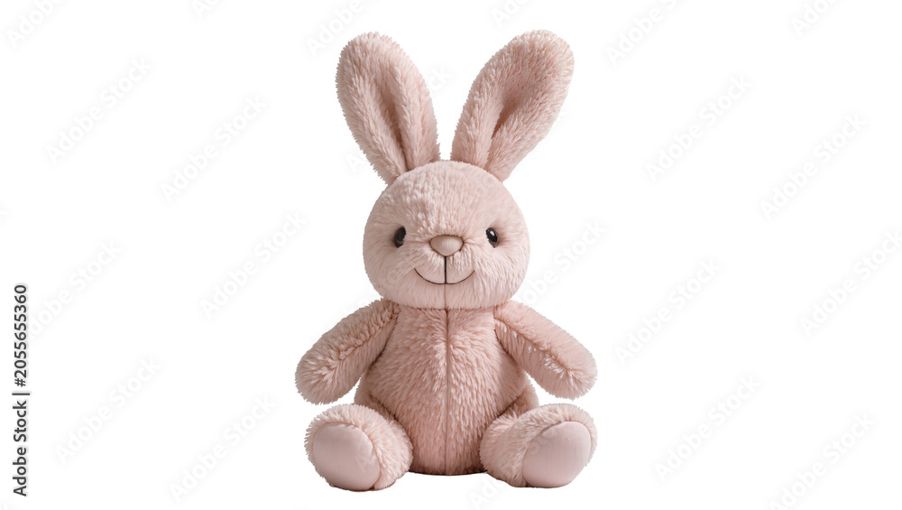 Obraz premium Fluffy pink plush bunny toy sitting pose, isolated on transparent background