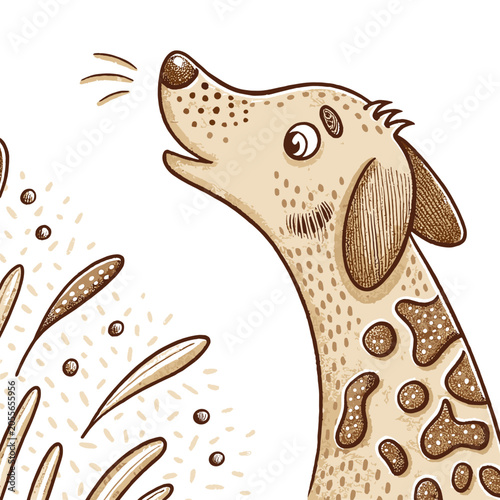 Illustrative dalmatian dog barking with grass in a playful style  