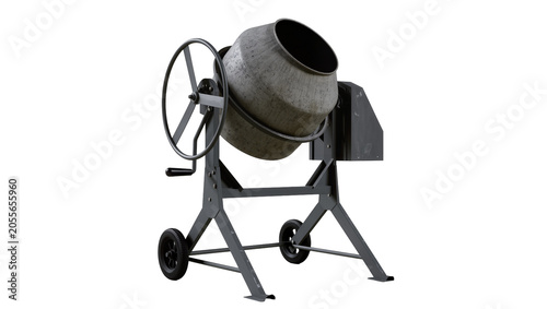 Konstfotografi Portable gray cement mixer with large wheel and handle, isolated on transparent