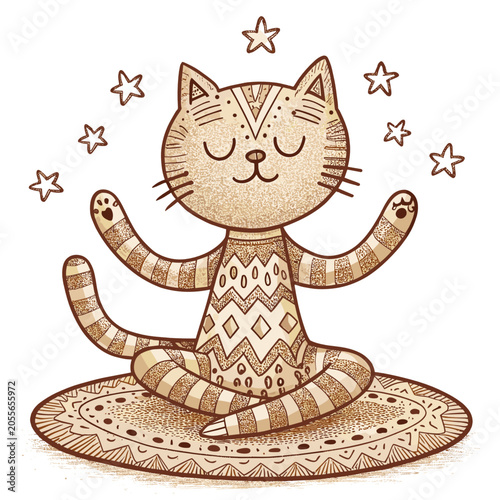 Cartoon cat meditating with closed eyes and smiling surrounded by stars  