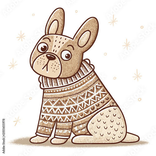 French Bulldog sitting in a patterned sweater with a cute expression  