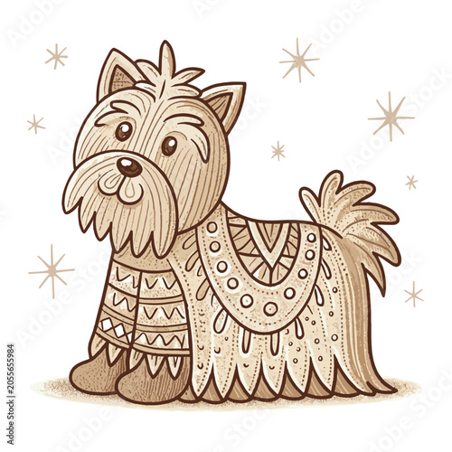 Cute cartoon Yorkshire Terrier wearing decorative outfit and smiling  