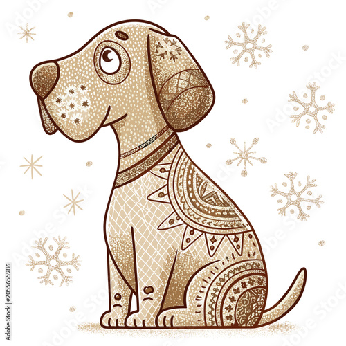 Playful dog with decorative patterns sitting in the snow  