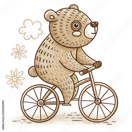 Bear riding a bicycle and smiling surrounded by flowers  
