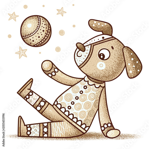 Cartoon dog playing with a ball and having fun in whimsical style  