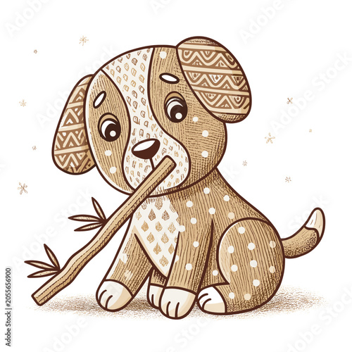 Cute puppy sitting and chewing on a stick with playful expression  