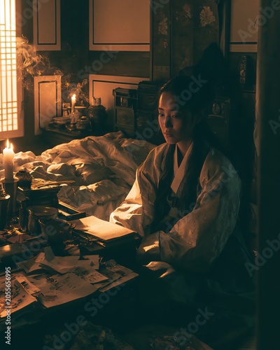 촛불 아래서 학문에 정진하는 조선시대 젊은 유생의 시네마틱 초상화