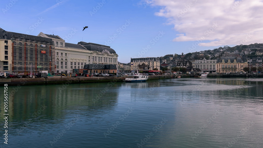 Fototapeta premium Seaside resort on the English Channel coast of Trouville-sur-Mer, Normandy, France, October 20, 2025