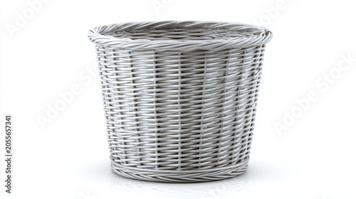 A laundry basket isolated on a pure white background, woven texture, realistic detail. 