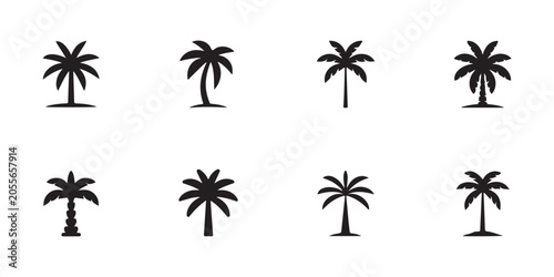 Fotografie Collection of eight black palm tree icons, vector silhouettes for tropical, summ