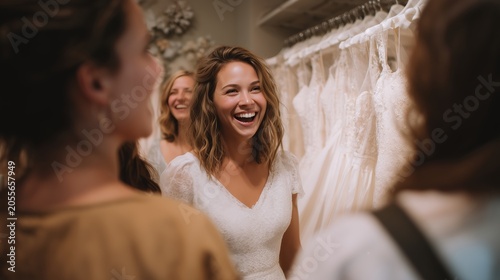 Bride laughs near dresses. Adult female in white dress smiles among white wedding gowns in boutique, joyful expression.