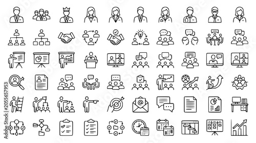Business management vector icon bundle with employees teamwork and meeting symbols