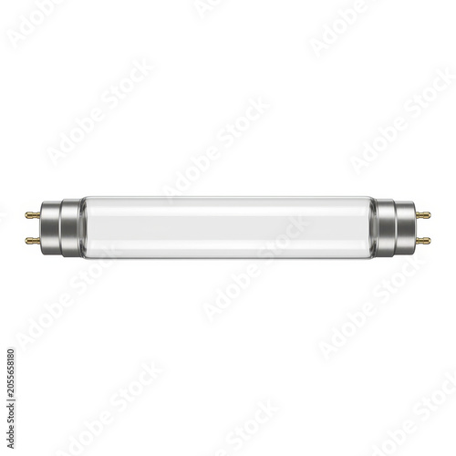 Linear fluorescent light tube with frosted glass and metal end caps on white background.
