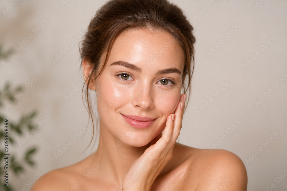 Fototapeta premium Young woman touching face with soft neutral background