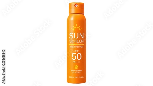 Foto Orange SPF 50 Sunscreen Spray Bottle Isolated on White Background