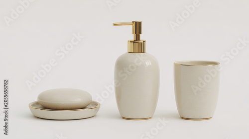 A set of bathroom accessories including soap dish, cup, and dispenser on a pure white background, elegant minimal style.