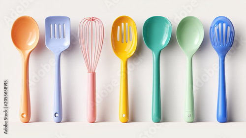 A set of colorful cooking utensils isolated on a clean white background, modern kitchen tools, high detail.