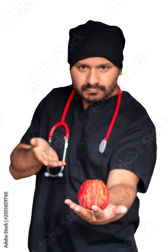Multiethnic practitioner recommending healthy eating lifestyle, isolated vertical shot
