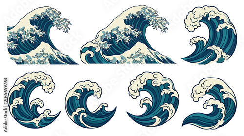 Cuadro en lienzo Japanese wave collection set in vintage oriental hokusai style with curling crests and blue ocean ripples