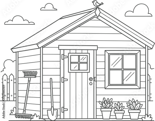 Shed coloring page vector line drawing for kids book art therapy