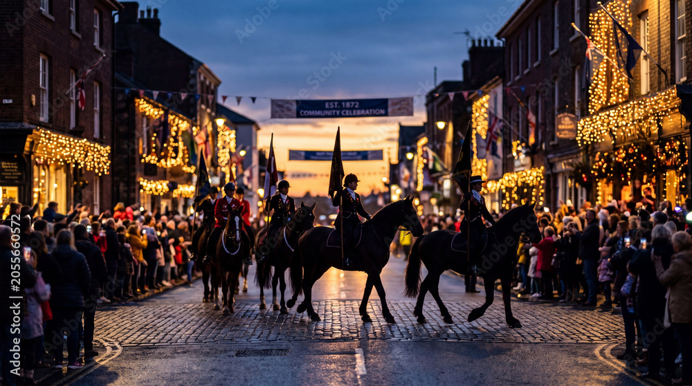 Obraz premium Evening Parade of Horse Riders in Illuminated Town Street