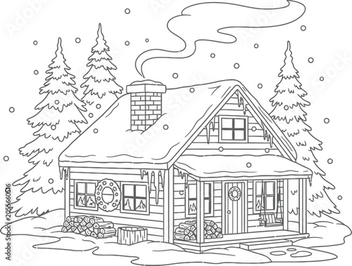 Winter cabin coloring page vector line art for books and drawing activities