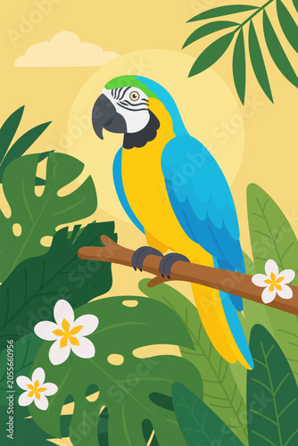 Blue and yellow macaw perched among tropical leaves and flowers. Flat vector wildlife illustration for posters, nursery decor and nature themes.
