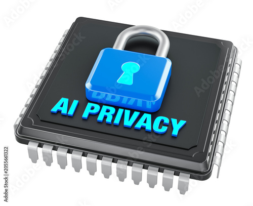 AI privacy chip with padlock. Data protection and security concept, 3d rendering