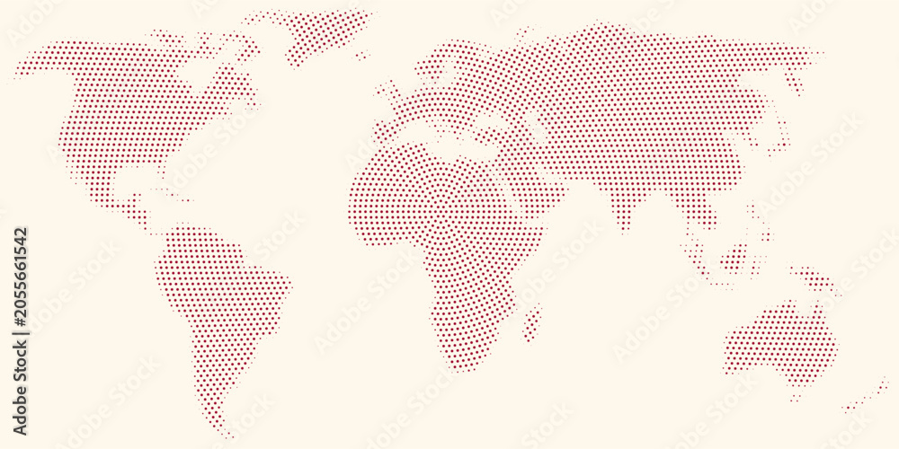 Fototapeta premium Red world map: abstract radial dotted pattern, geometric circles composition, vector illustration isolated