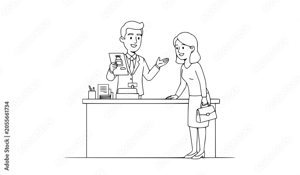 Fototapeta premium Cartoon salesperson assisting customer at counter thin line vector illustration retail service concept isolated on white