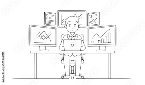 Fotografi Cartoon stockbroker working at trading desk thin line vector illustration financ