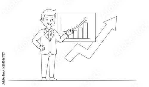 Slika na platnu Cartoon stockbroker presenting rising market growth thin line outline vector ill
