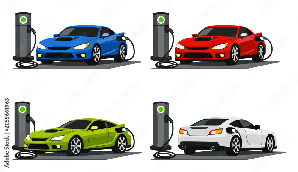 Naklejka premium Electric vehicles in various colors plugging into charging stations, representing renewable power, ecological automotive industry, and future mobility