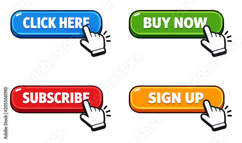 Four colorful web buttons for digital marketing. Clicking and interaction concepts with signup, buy now, subscribe, click here