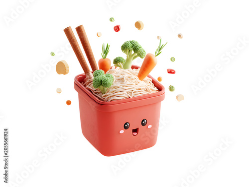 Cute cartoon noodles with chopsticks and vegetables