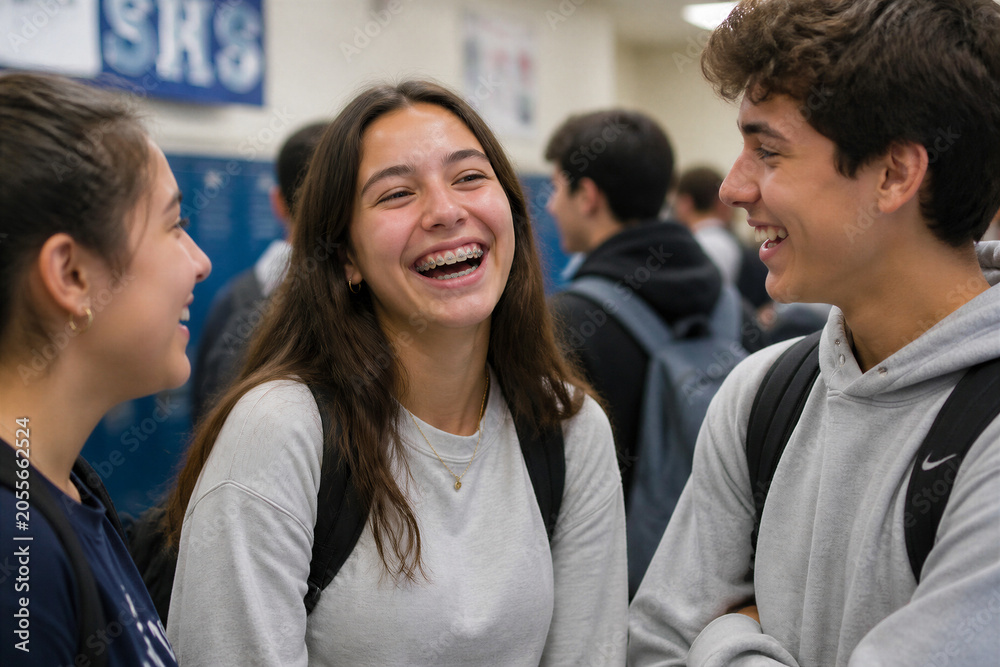 Obraz premium Teen students laughing together in school hallway near lockers