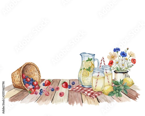 Summer refreshment still life with fresh fruits and flowers